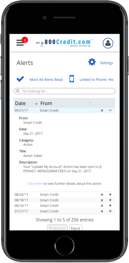 An image of a smartphone screen showcasing the Alerts Credit Monitoring feature available through My800Credit.com's online credit monitoring service. This tool provides users with timely alerts and notifications regarding changes to their credit report, enabling proactive credit management and protection