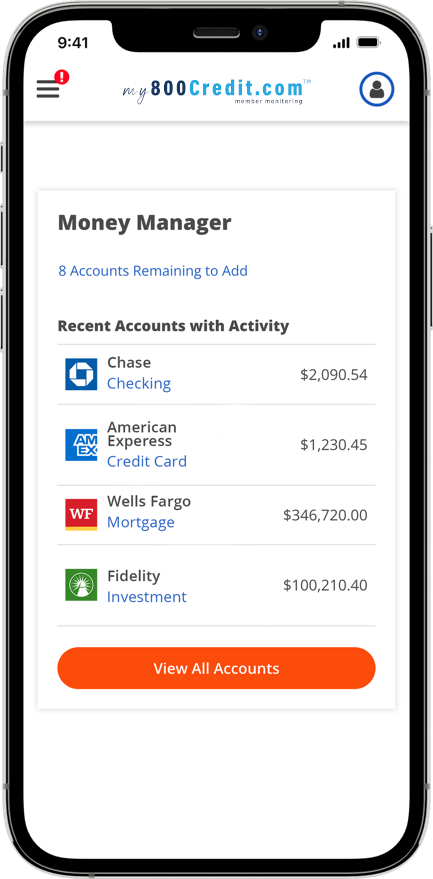 Displayed on a smartphone screen is the Money Manager tool provided by My800Credit.com's online credit monitoring service. This tool empowers users to effectively manage their finances, facilitating informed decisions and enhancing overall financial wellness